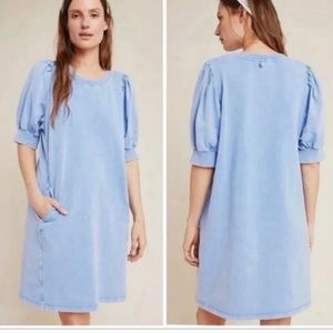 Anthropologie Mini Dress Puff Sleeve Cobalt Blue Cotton Blend Side Seam Pocket S